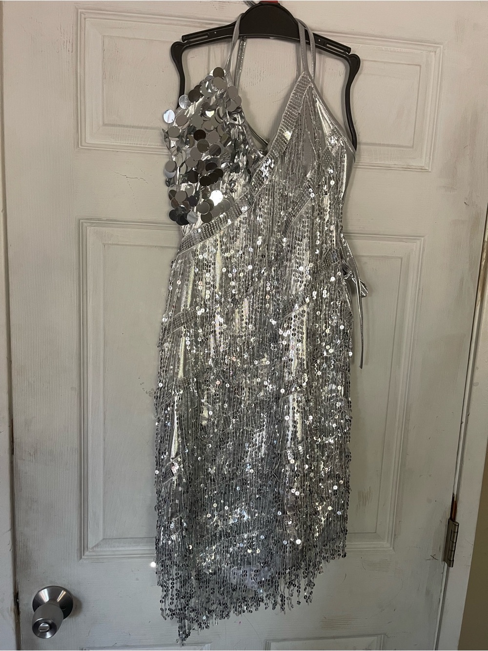 Silver Sequin Asymmetrical Fringe Halter Dress